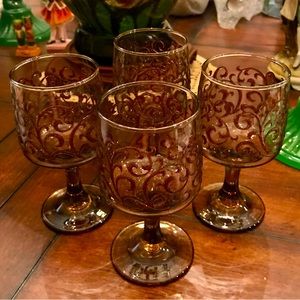 Vintage Libbey Glass Prado Tawny Brown Raised Scroll Wine Glass Set(4) USA 70's